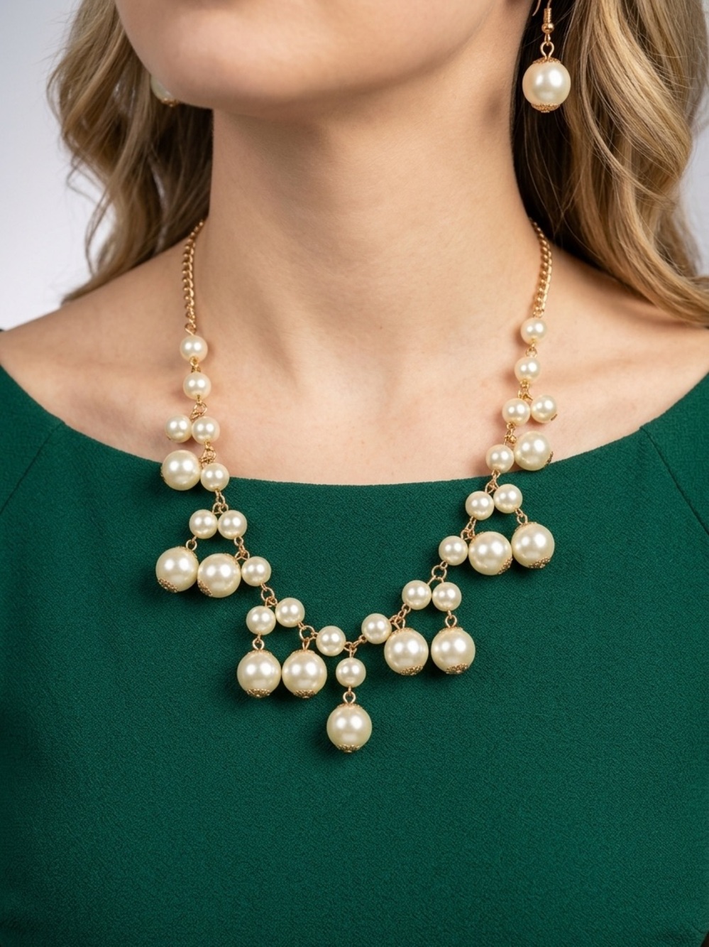 Pearl Fringe Necklace Set | Gold Cluster Ivory Statement Earrings